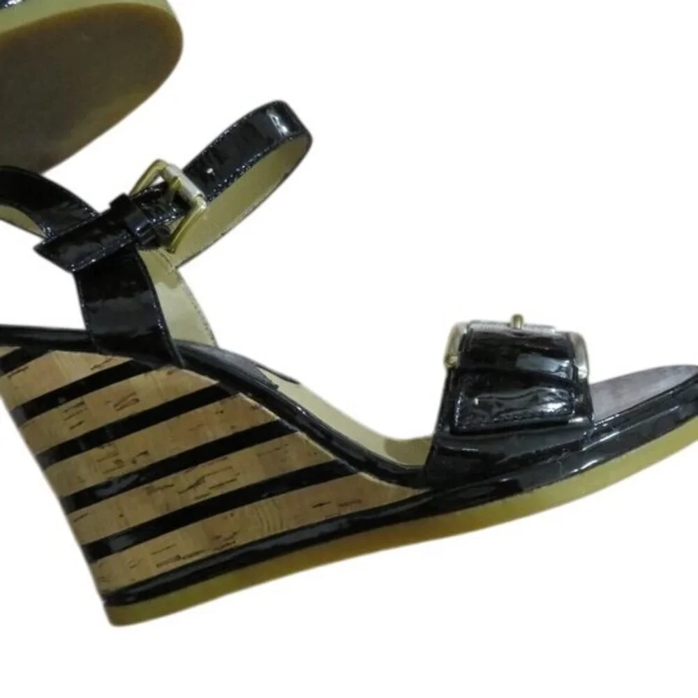 Michael Kors Embellished Buckled Black Italian Leather Wedge sandals heels